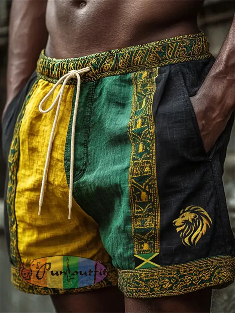 Men’s Reggae Lion Jamaica Flag Ethnic Colorblock Print Linen Shorts - Black · S