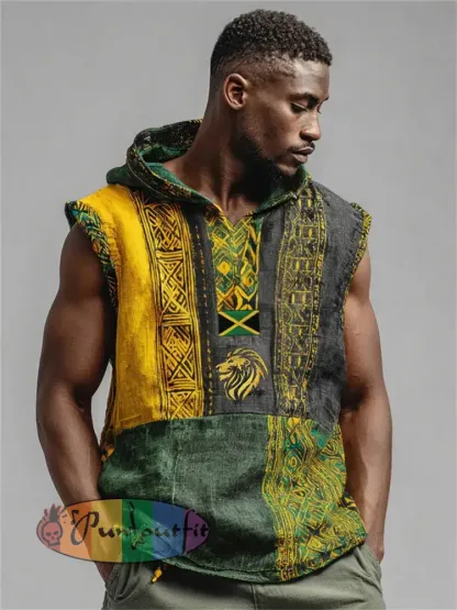 Men’s Reggae Lion Jamaica Flag African Kente Hooded Linen Tank - Black · S