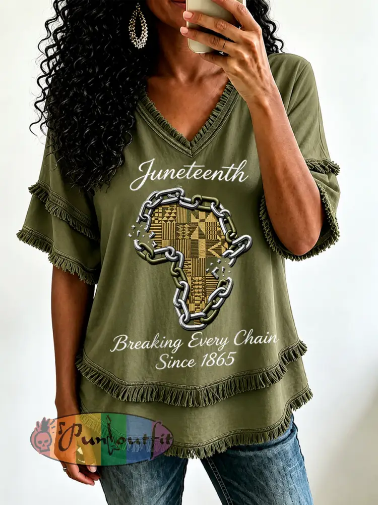 Women’s Juneteenth Breaking Every Chain Since 1865 Print Casual Shirt - Army Green · S