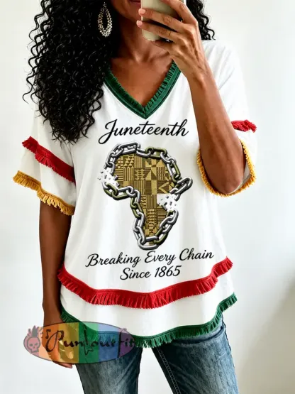 Women’s Juneteenth Breaking Every Chain Since 1865 Print Casual Shirt - White · S