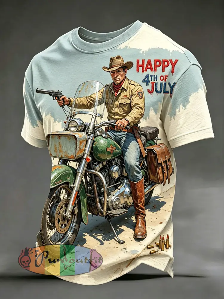Men’s Happy 4th of July Western Style Motorcycle T-shirts - As picture · S