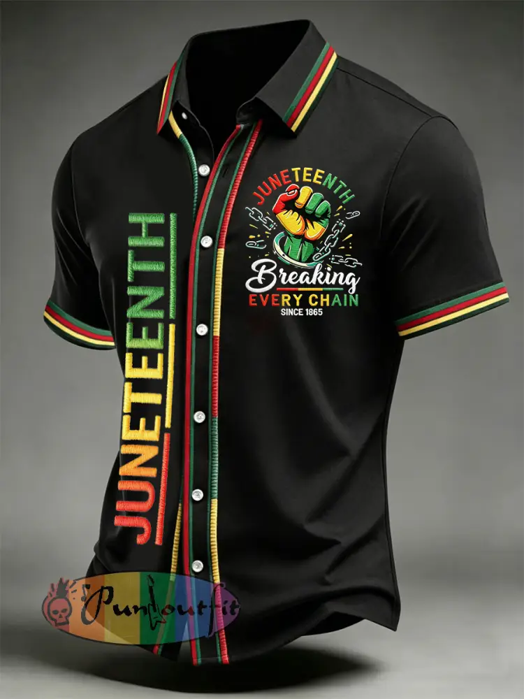 Men’s Juneteenth Breaking Every Chain Since 1865 Print Casual Short Sleeve Shirt - Black · S