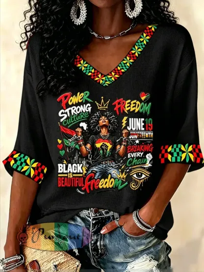 Women’s Juneteenth 1865 Print Casual Waffle T-shirt - Black · S