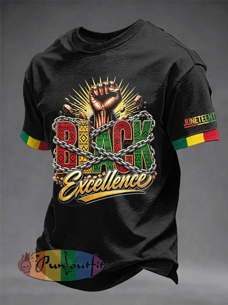 Men’s Juneteenth Black Excellence Power Fist Print Casual Short Sleeve T-shirt - Black · S