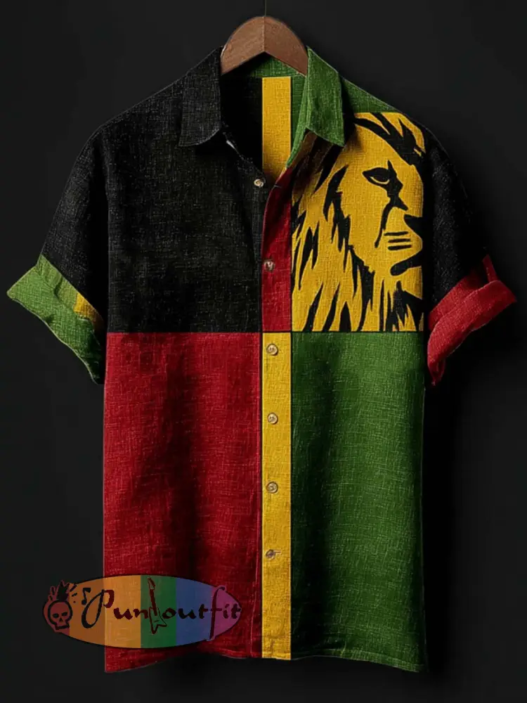 Men’s retro reggae color-blocked design casual linen short-sleeve shirt - Black · S