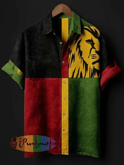 Men’s retro reggae color-blocked design casual linen short-sleeve shirt - Black · S