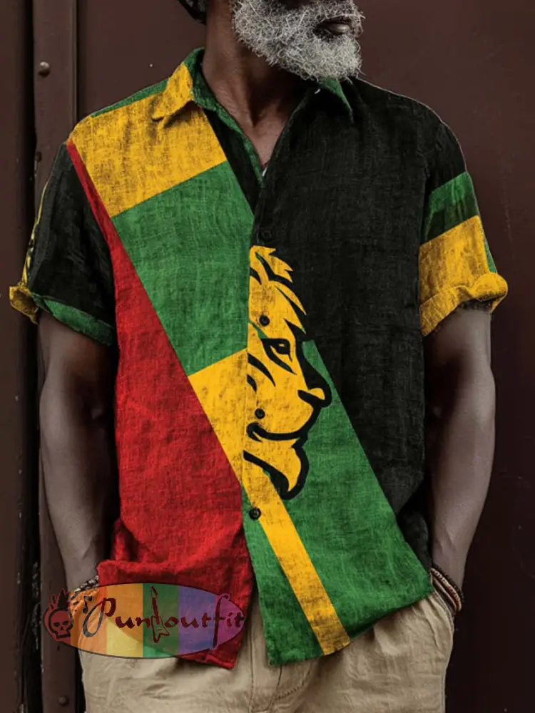 Men’s retro reggae color-blocked design casual linen short-sleeve shirt - Black · S