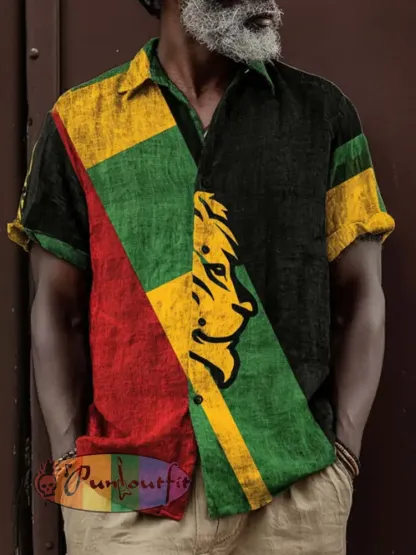 Men’s retro reggae color-blocked design casual linen short-sleeve shirt - Black · S