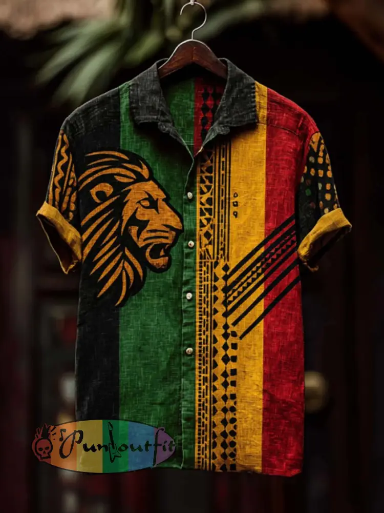 Men’s retro reggae color-blocked design casual linen short-sleeve shirt - Black · S