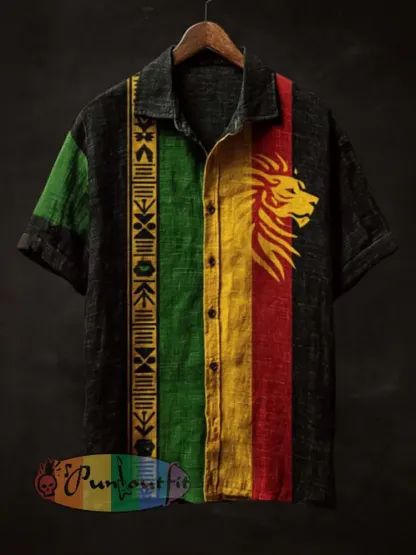 Men’s retro reggae color-blocked design casual short-sleeve shirt - Black · S