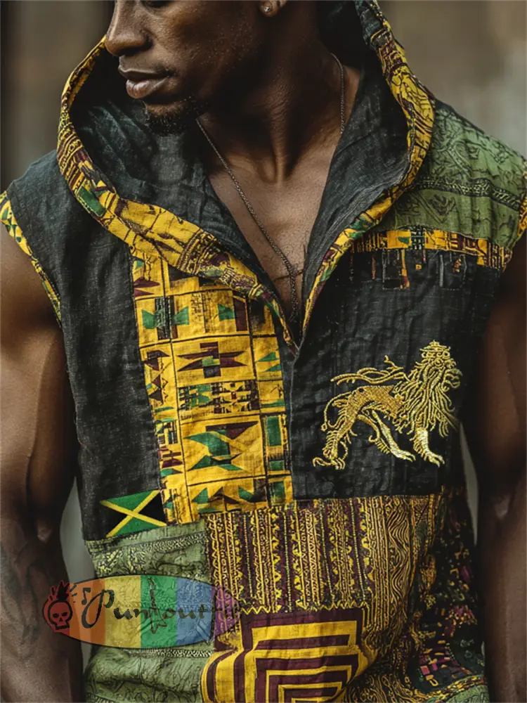 Men’s Reggae Lion & Jamaica Flag Africa Kente Patchwork Print Hooded Tank - Black · S