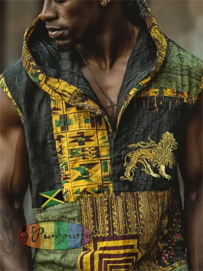 Men’s Reggae Lion & Jamaica Flag Africa Kente Patchwork Print Hooded Tank - Black · S