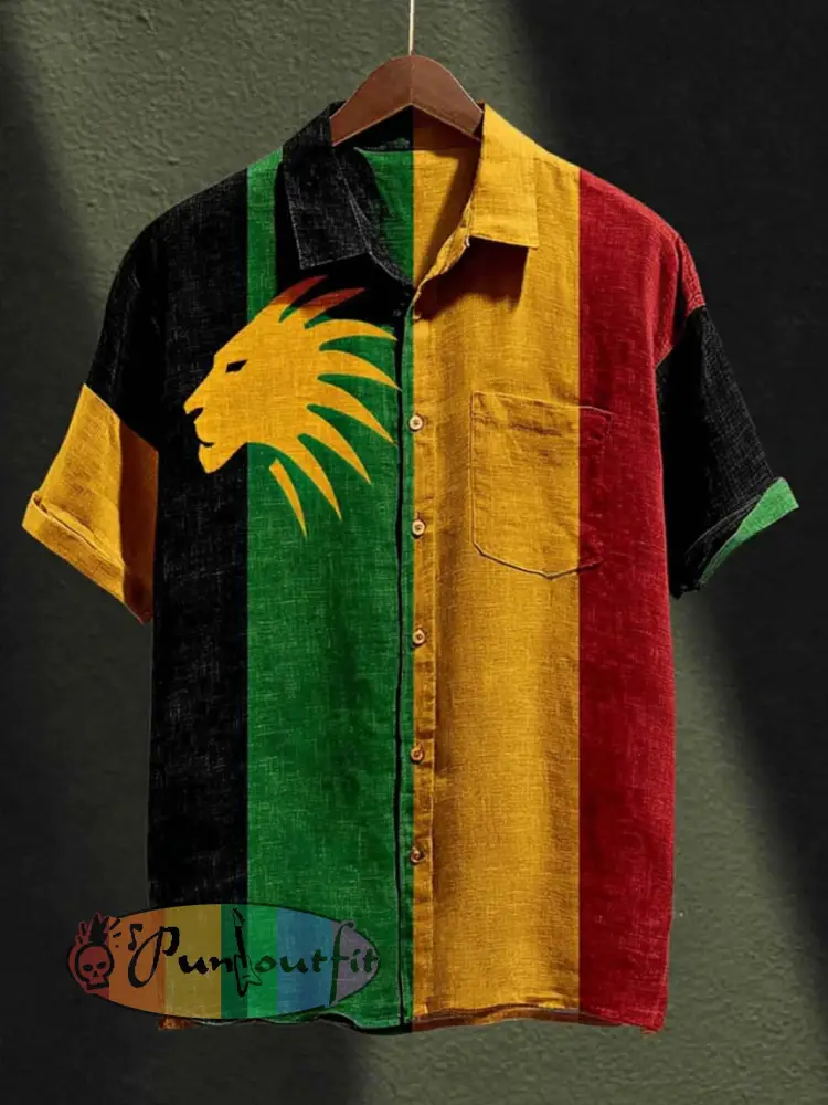 Men’s retro reggae color-blocked design casual short-sleeve shirt - Black · S