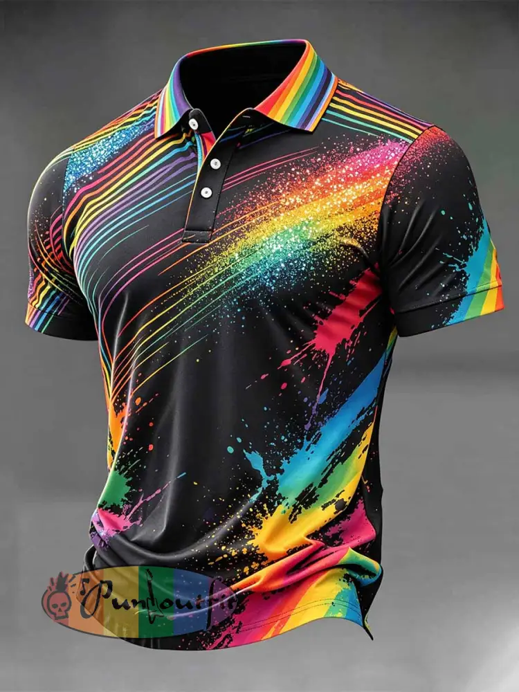 Men’s Rainbow Graffiti Print Casual Polo Shirt - As picture · S