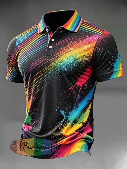Men’s Rainbow Graffiti Print Casual Polo Shirt - As picture · S