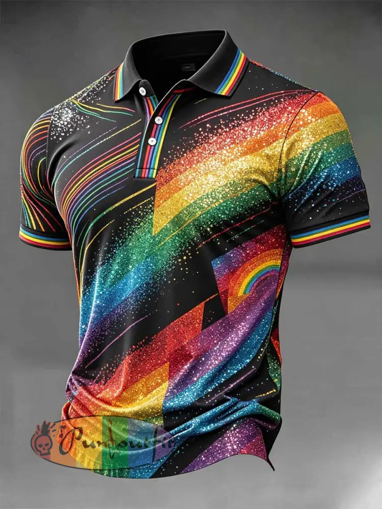 Men’s Rainbow Graffiti Print Casual Polo Shirt - As picture · S