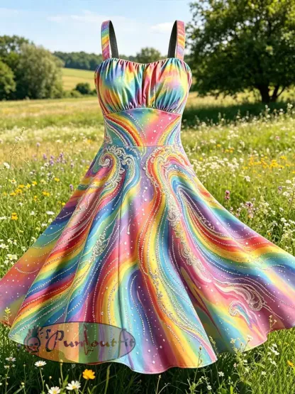 Women’s Rainbow Marble Print Casual Dress - As picture · S