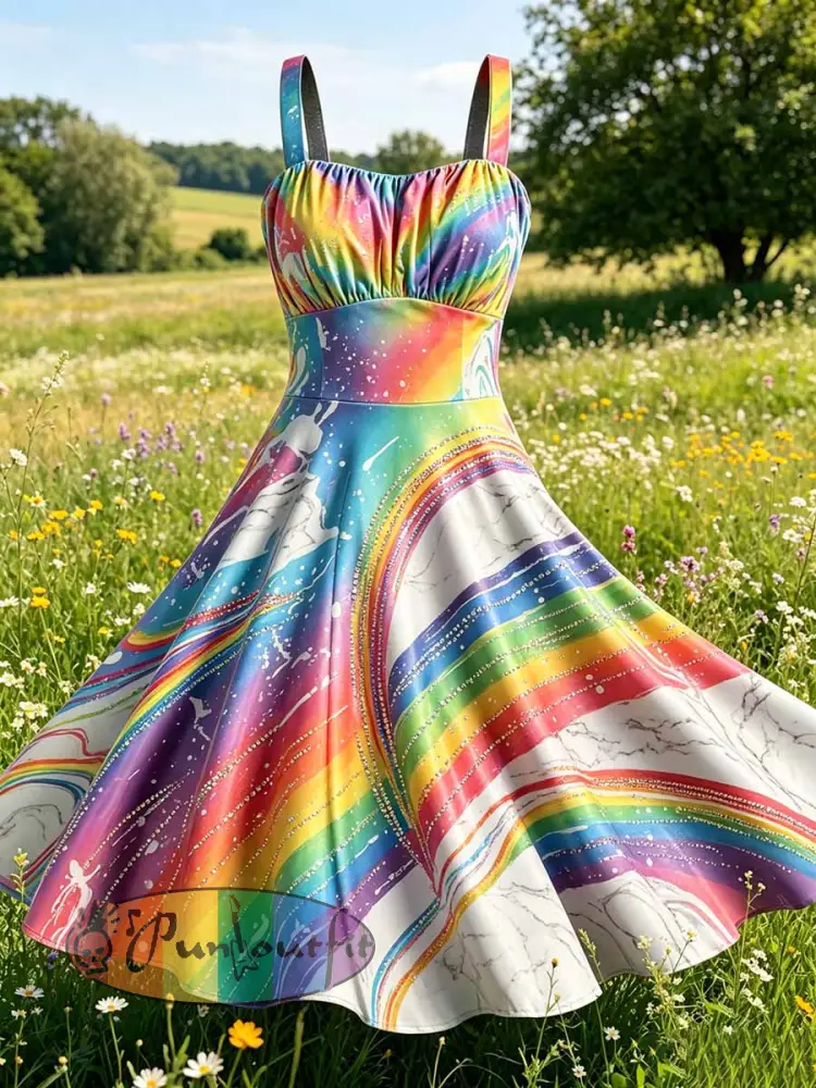 Women’s Rainbow Marble Print Casual Dress - As picture · S