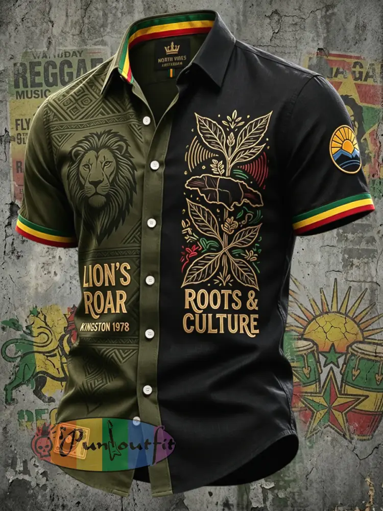 Retro Reggae Lion Art Patchwork Casual Shirt - As picture · S