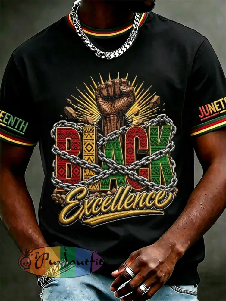 Men’s Juneteenth Black Excellence Power Fist Print Casual Short Sleeve T-shirt - Black · S