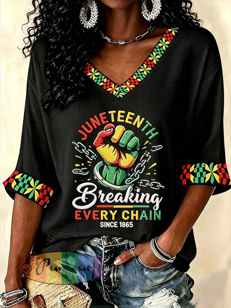 Women’s Juneteenth Black Excellence Power Fist Print Casual Waffle T-shirt - Black · S