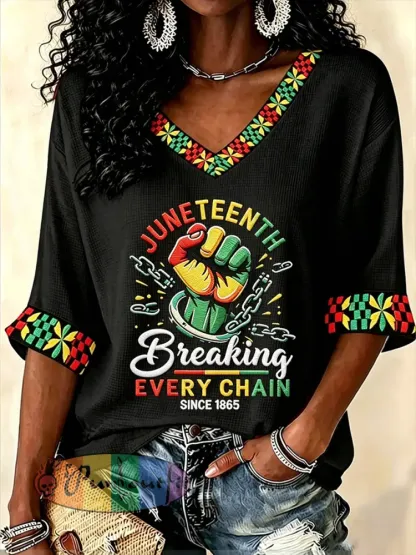 Women’s Juneteenth Black Excellence Power Fist Print Casual Waffle T-shirt - Black · S
