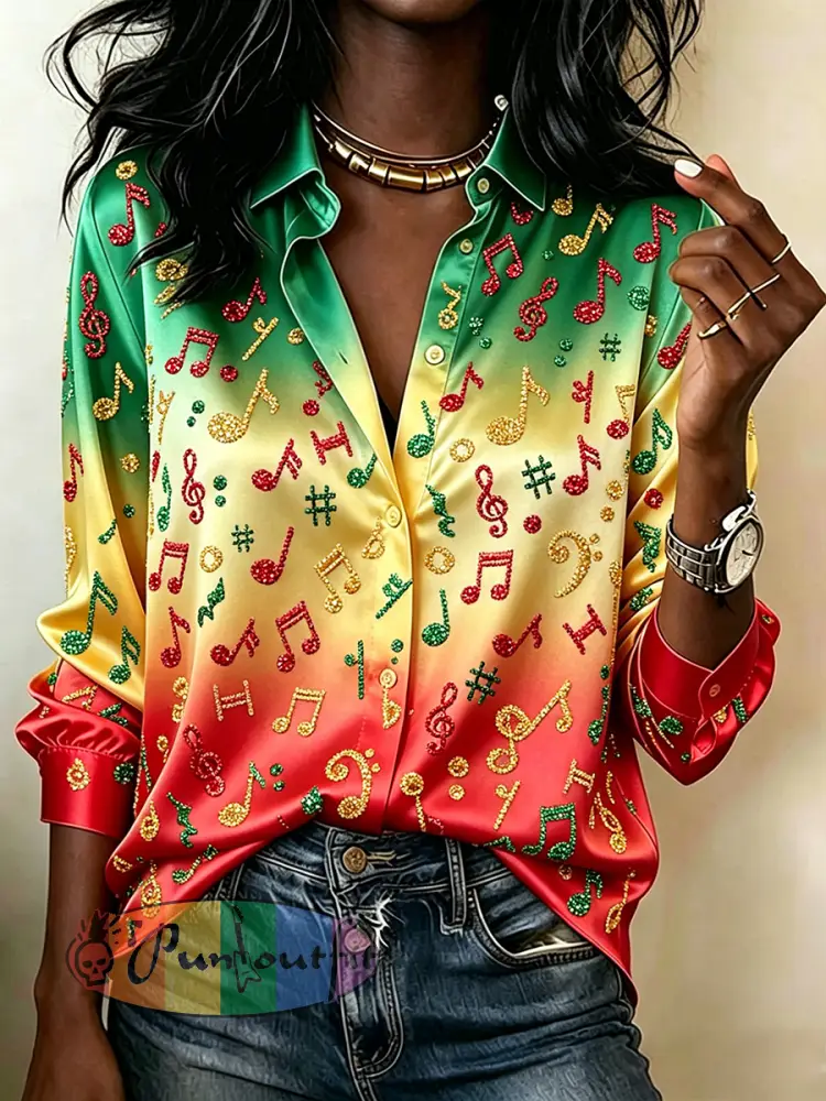 Women’s Musical Notes Glitter Art Print Rasta Color Satin Shirt - Green · S