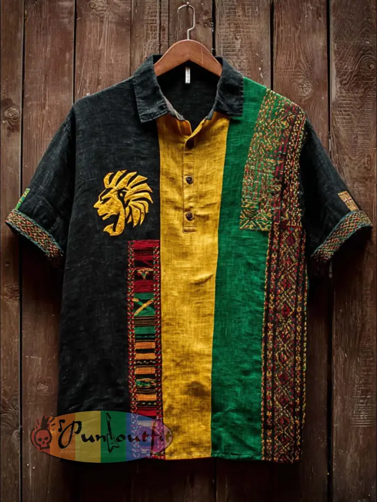 Men’s retro reggae color-blocked design casual linen short-sleeve shirt - Black · S