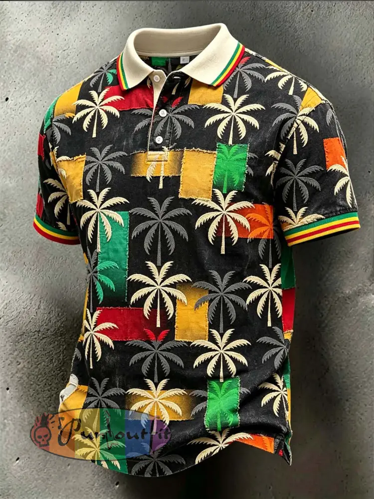 Men’s retro reggae color-blocked design casual polo shirt - Black · S