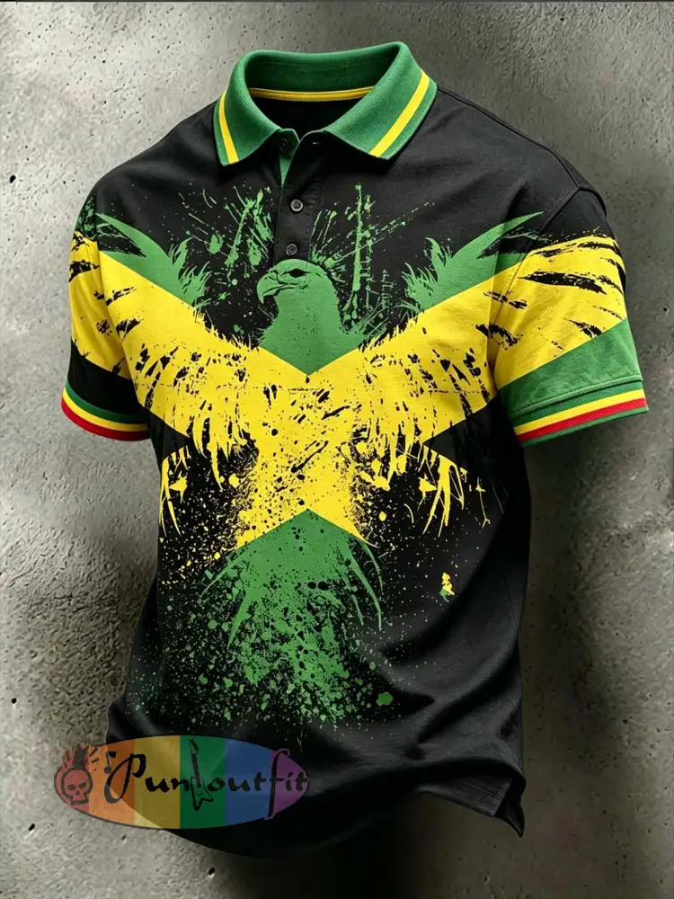 Men’s retro reggae color-blocked design casual polo shirt - Black · S