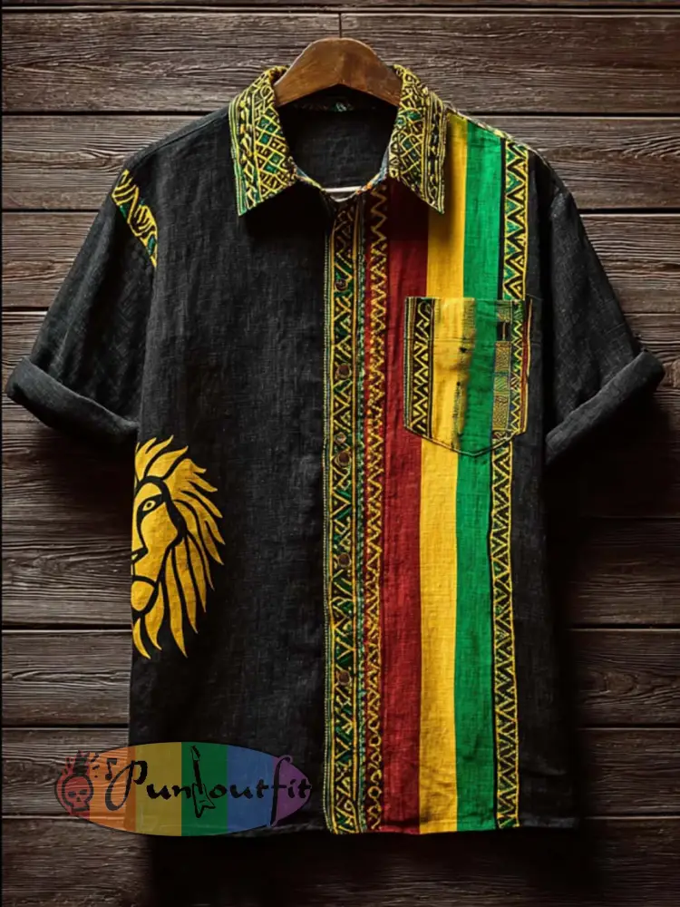 Men’s retro reggae color-blocked design casual linen short-sleeve shirt - Black · S