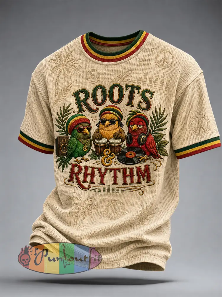 Casual Waffle-Weave T-Shirt for Fun-Loving Reggae Fans - As picture · S