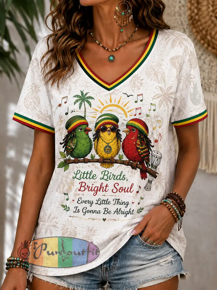Women’s Fun Reggae-Print Casual V-Neck T-Shirt - As picture · S