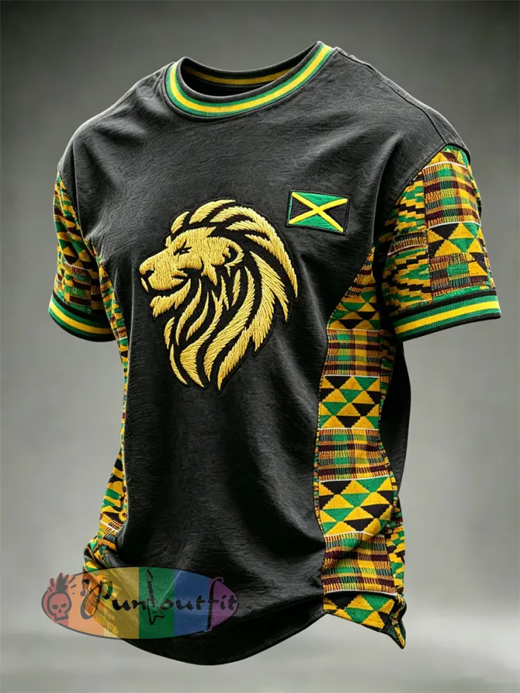 Men’s Liion Head Jamaica Flag Africa Kente Patchwork Print short sleeves t-shirt - Black · S