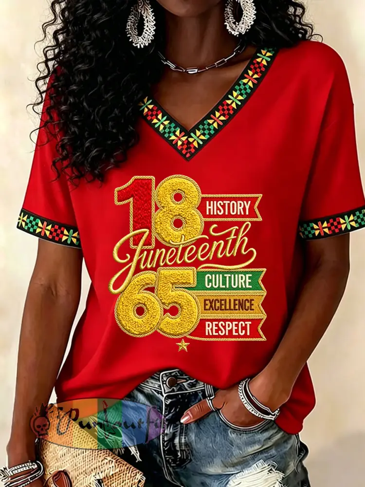 Women’s Juneteenth Print Casual V-Neck Tee - Red · S