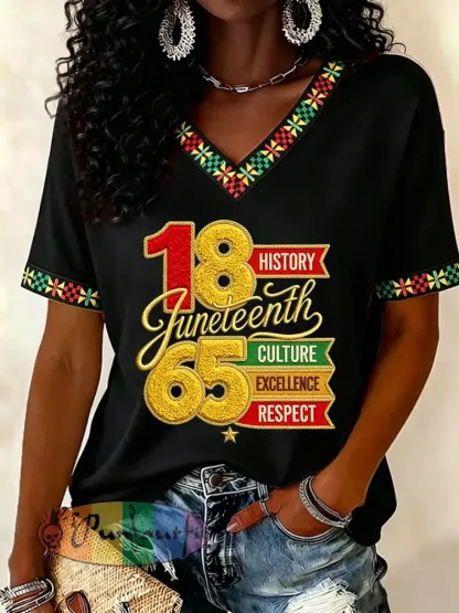 Women’s Juneteenth Print Casual V-Neck Tee - Black · S