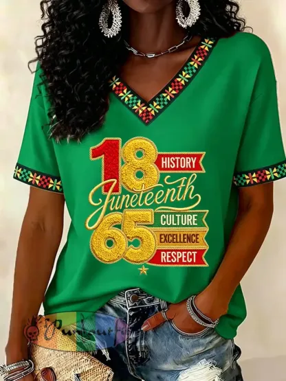 Women’s Juneteenth Print Casual V-Neck Tee - Green · S