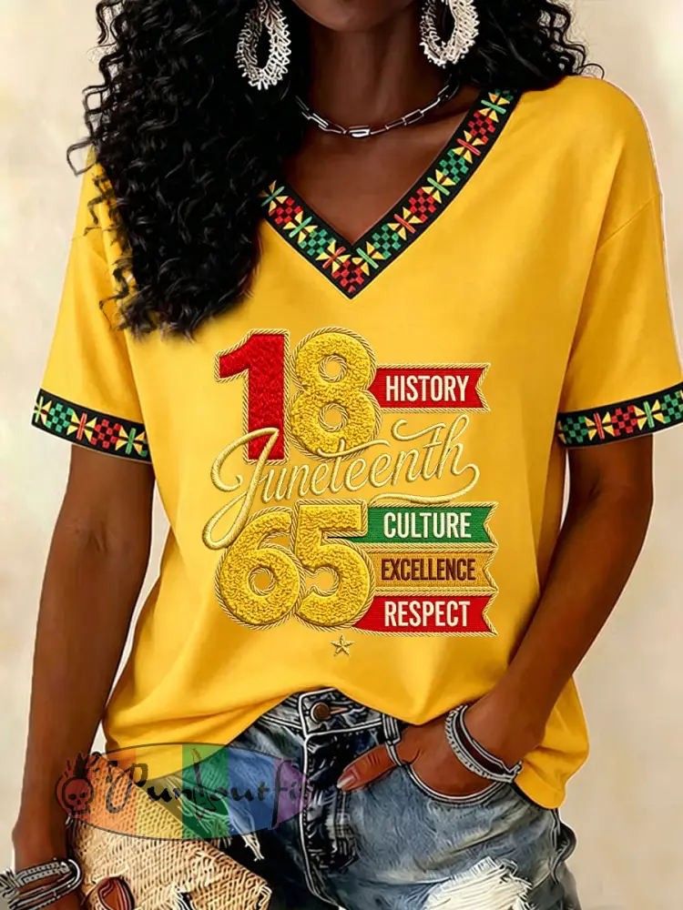 Women’s Juneteenth Print Casual V-Neck Tee - Yellow · S