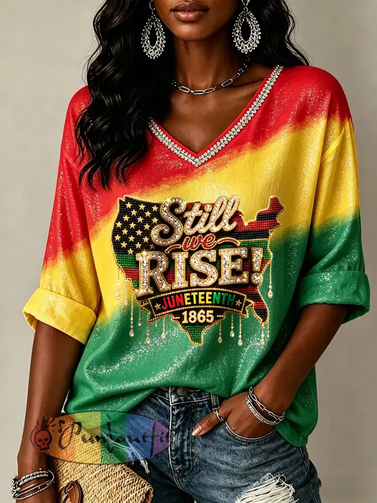 Women’s Juneteenth Print Casual V-Neck Tee - Mixed Color · S