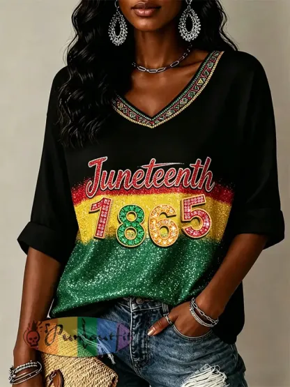 Women’s Juneteenth Print Casual V-Neck Tee - Black · S