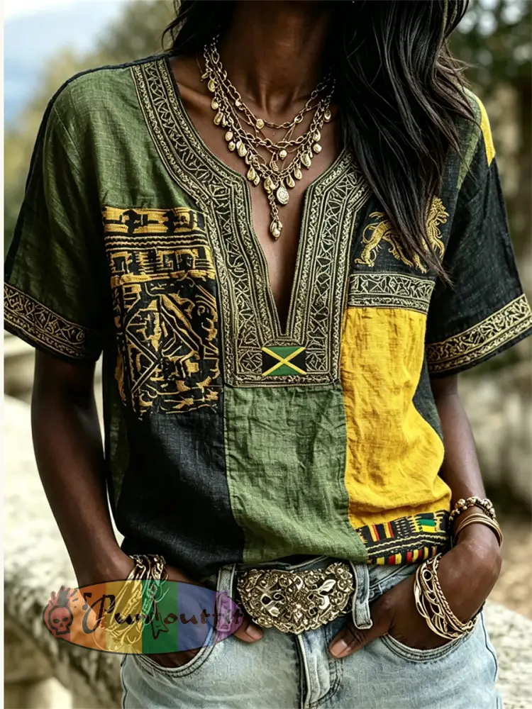 Women’s Reggae Lion Jamaica Flag Africa Ethnic Kente Colorblock Print Cotton-Linen Shirt - Black · S