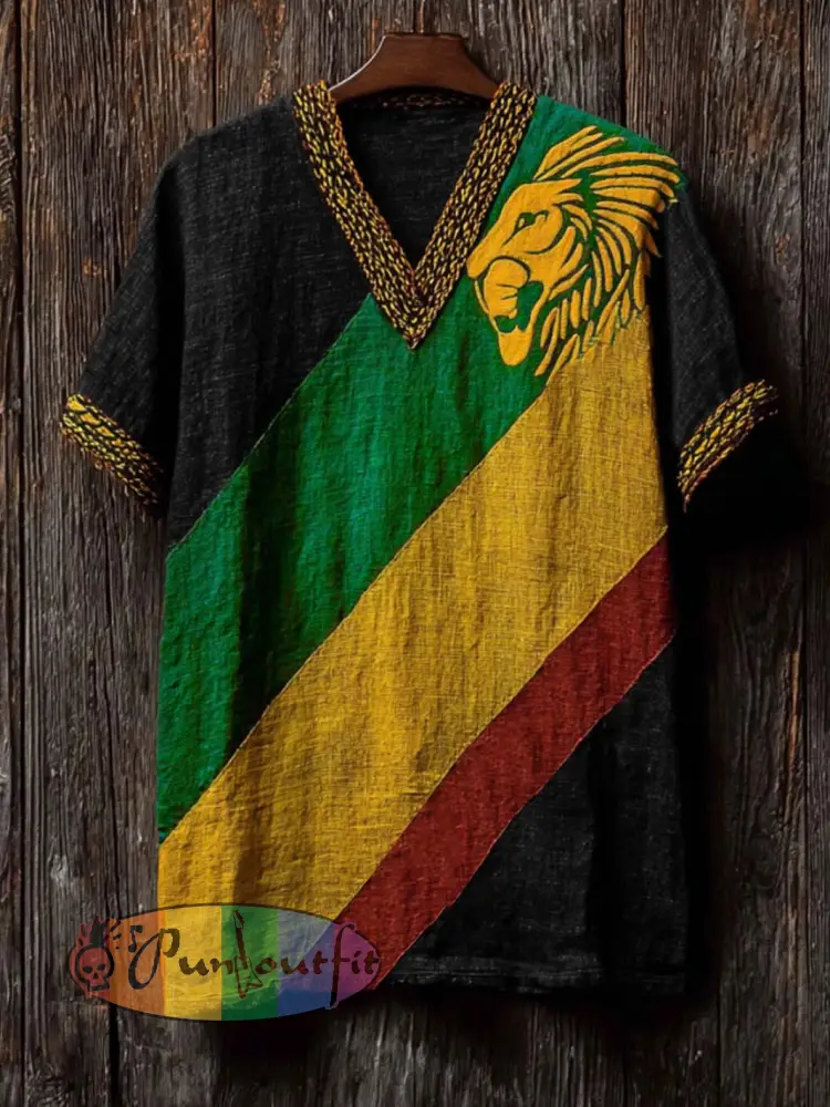Men’s Retro Reggae Color-blocked Design Casual Short Sleeve T-shirt - Black · S