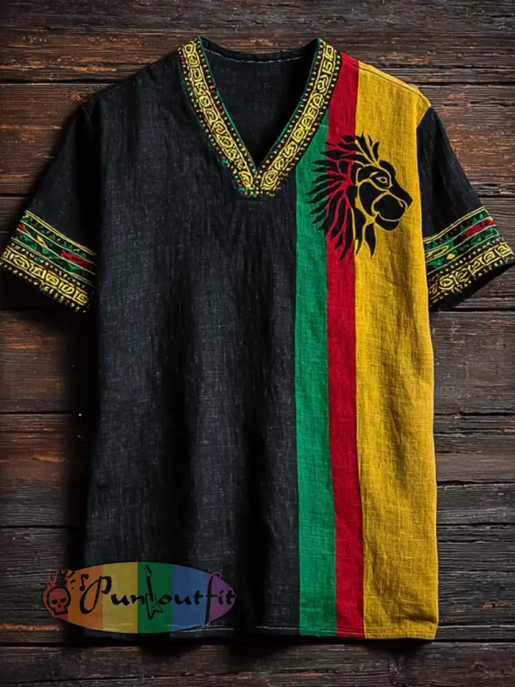 Men’s Retro Reggae Color-blocked Design Casual Short Sleeve T-shirt - Black · S