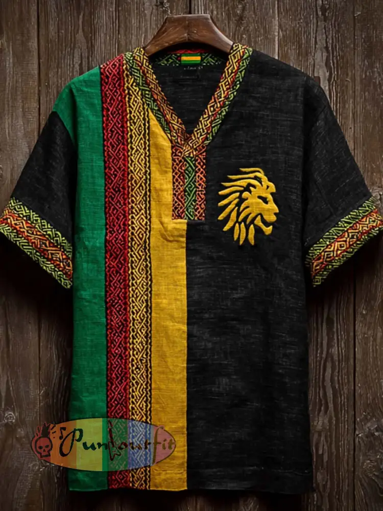 Men’s Retro Reggae Color-blocked Design Casual Short Sleeve T-shirt - Black · S