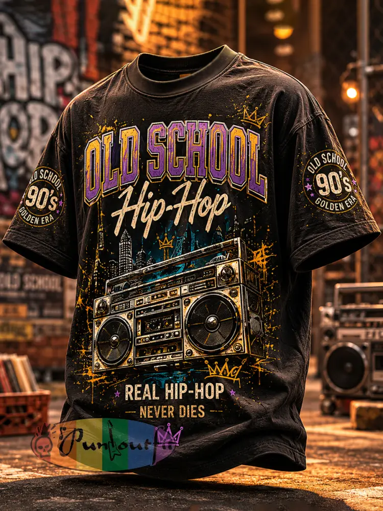 Men’s Retro 90s Old School Hip-Hop Print Casual Tee - Black · S