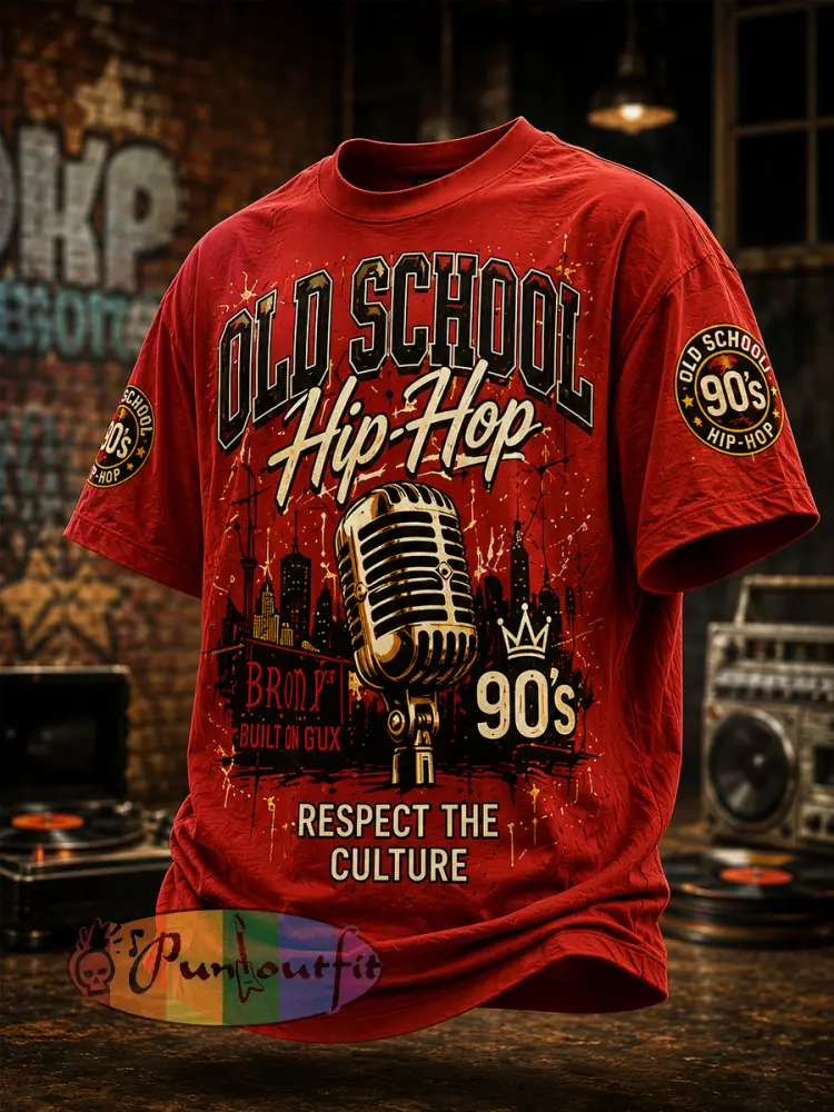 Men’s Retro 90s Old School Hip-Hop Print Casual Tee - Red · S
