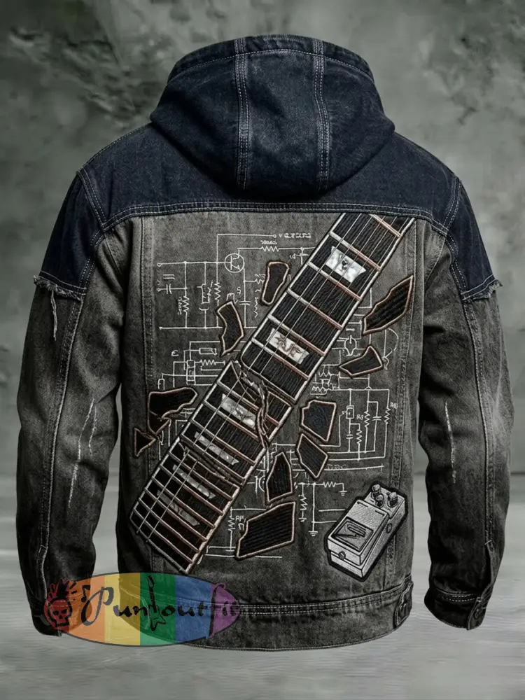 Men’s Vintage VH Guitar Line Abstract Print Casual Hooded Jacket - Gray · S