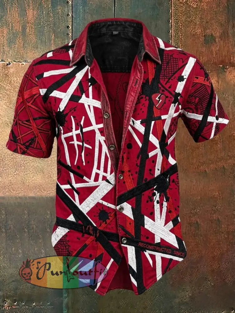 Men’s Vintage VH Guitar Line Illustration Abstract Print Casual Cotton Short Sleeve Shirt - Red · S