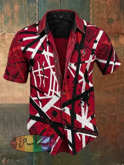 Men’s Vintage VH Guitar Line Illustration Abstract Print Casual Cotton Short Sleeve Shirt - Red · S