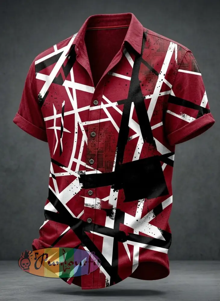 Men’s Vintage VH Guitar Line Illustration Abstract Print Casual Cotton Short Sleeve Shirt - Red · S